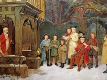 The Carol Singers by William M Spittle (1858 - 1917). Most carols started out as folk songs, and the term carolling originally meant “to dance in a ring”.